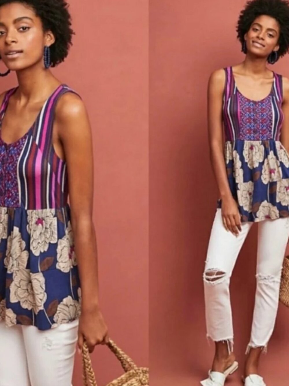 One September x Anthropologie Sleeveless Embroidered Top - Floral & Stripe